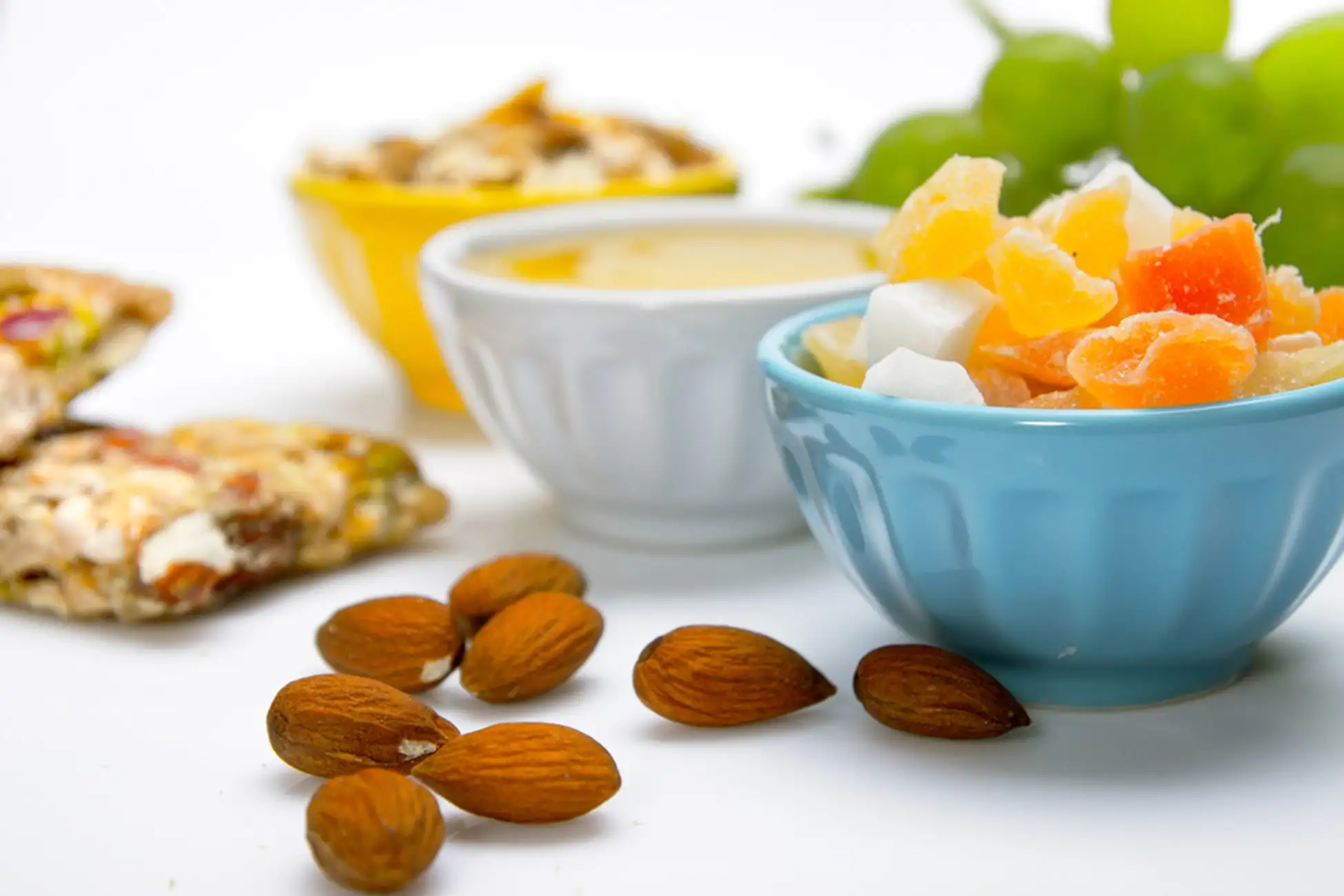 fruit and nuts in china pots