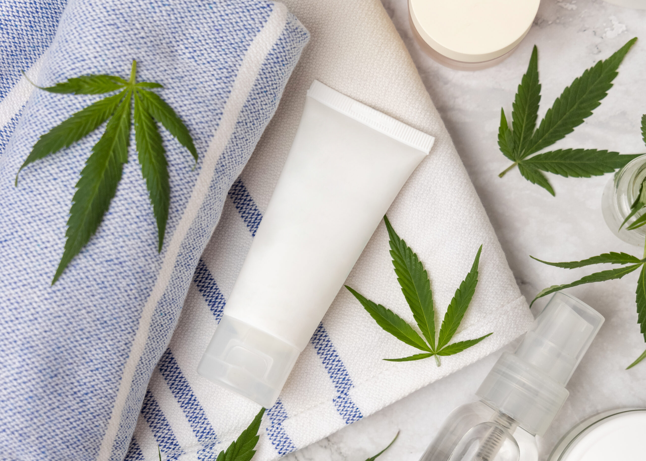 Blank white cream tube near green cannabis leaves top view, CBD