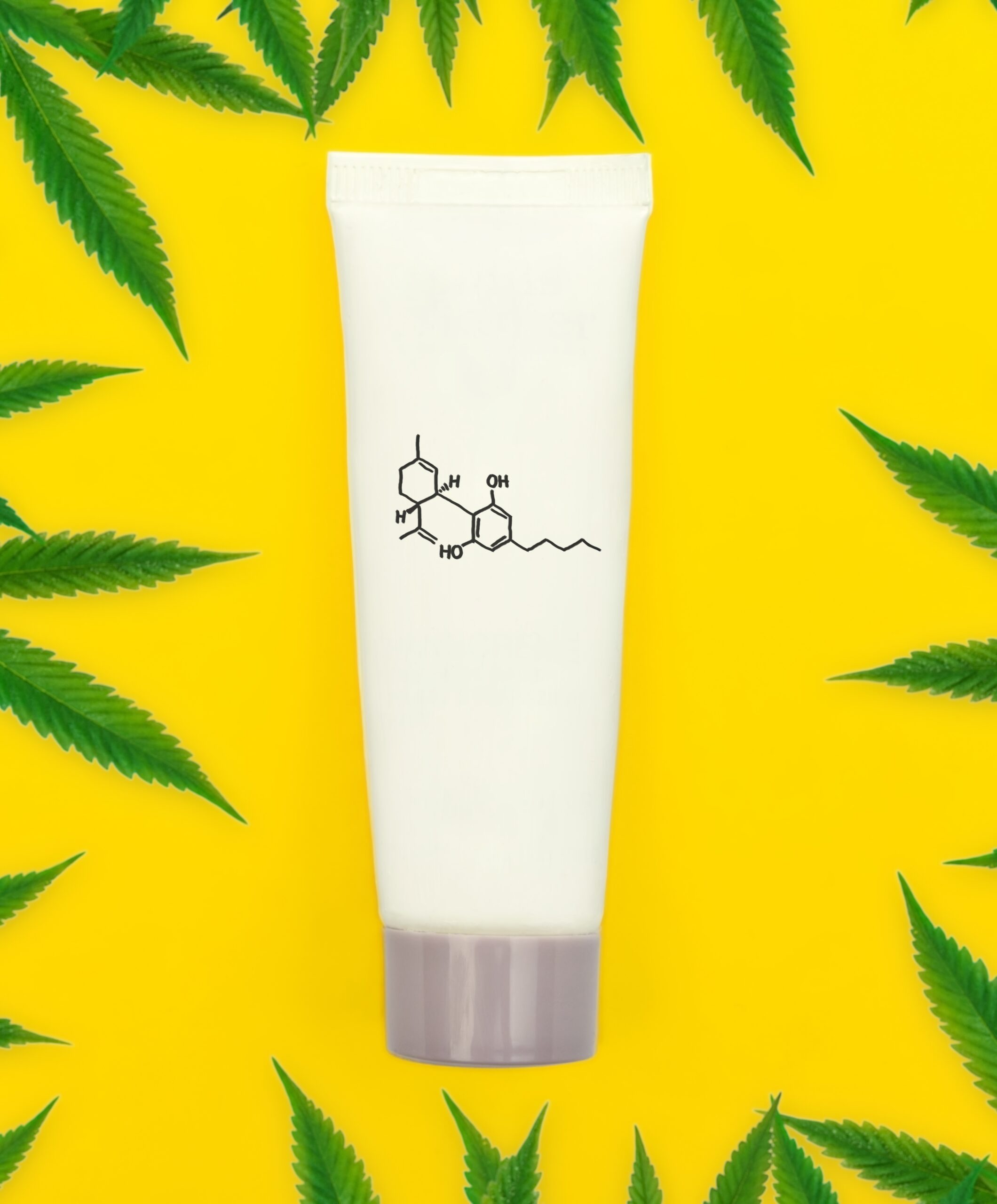 CBD Cannabis lotion with chemical structure on tube and cannabis leafs