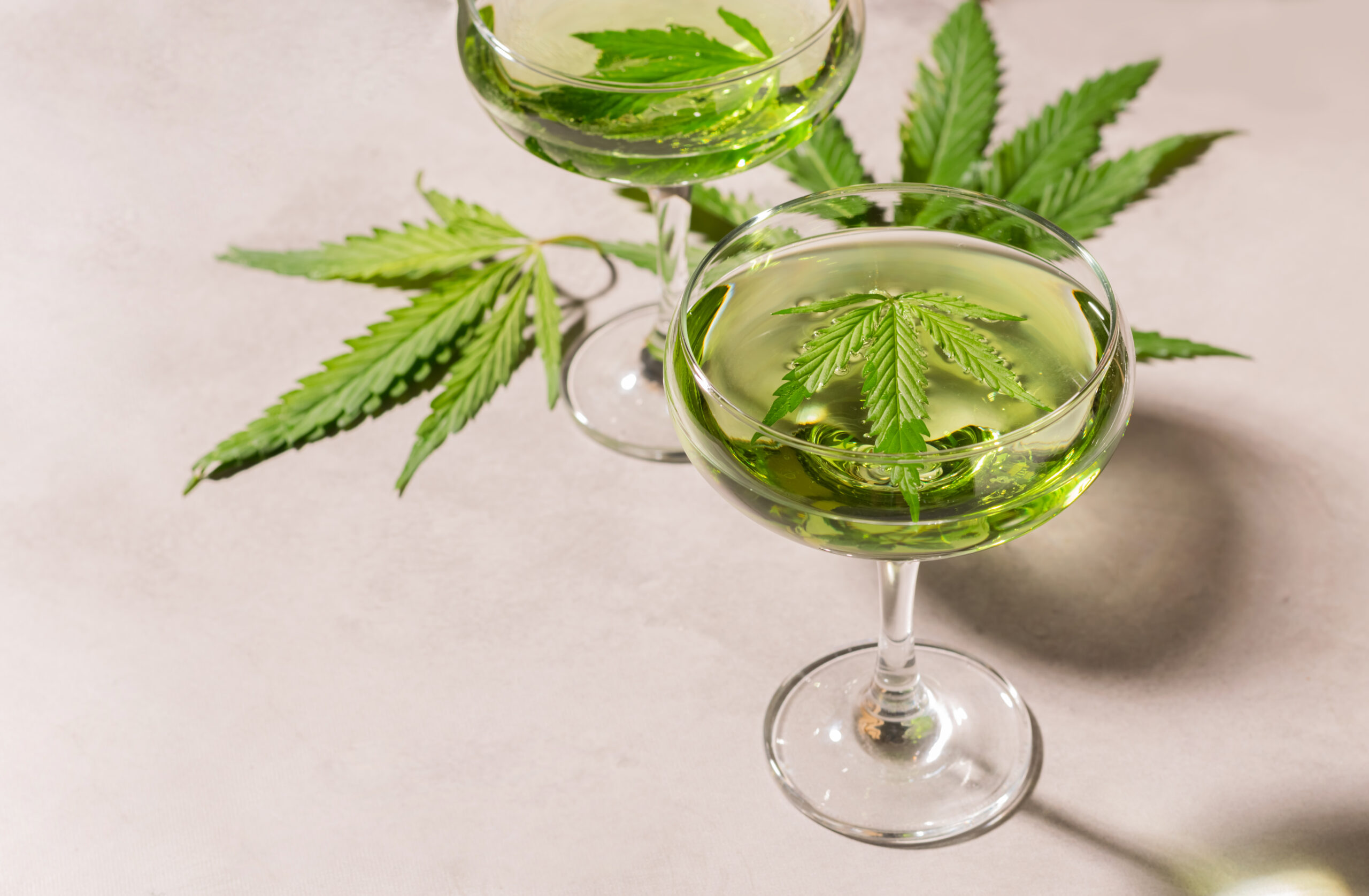 SBD hemp cocktail elegant glasses, light concrete background hard shadows, drink made from cannabis